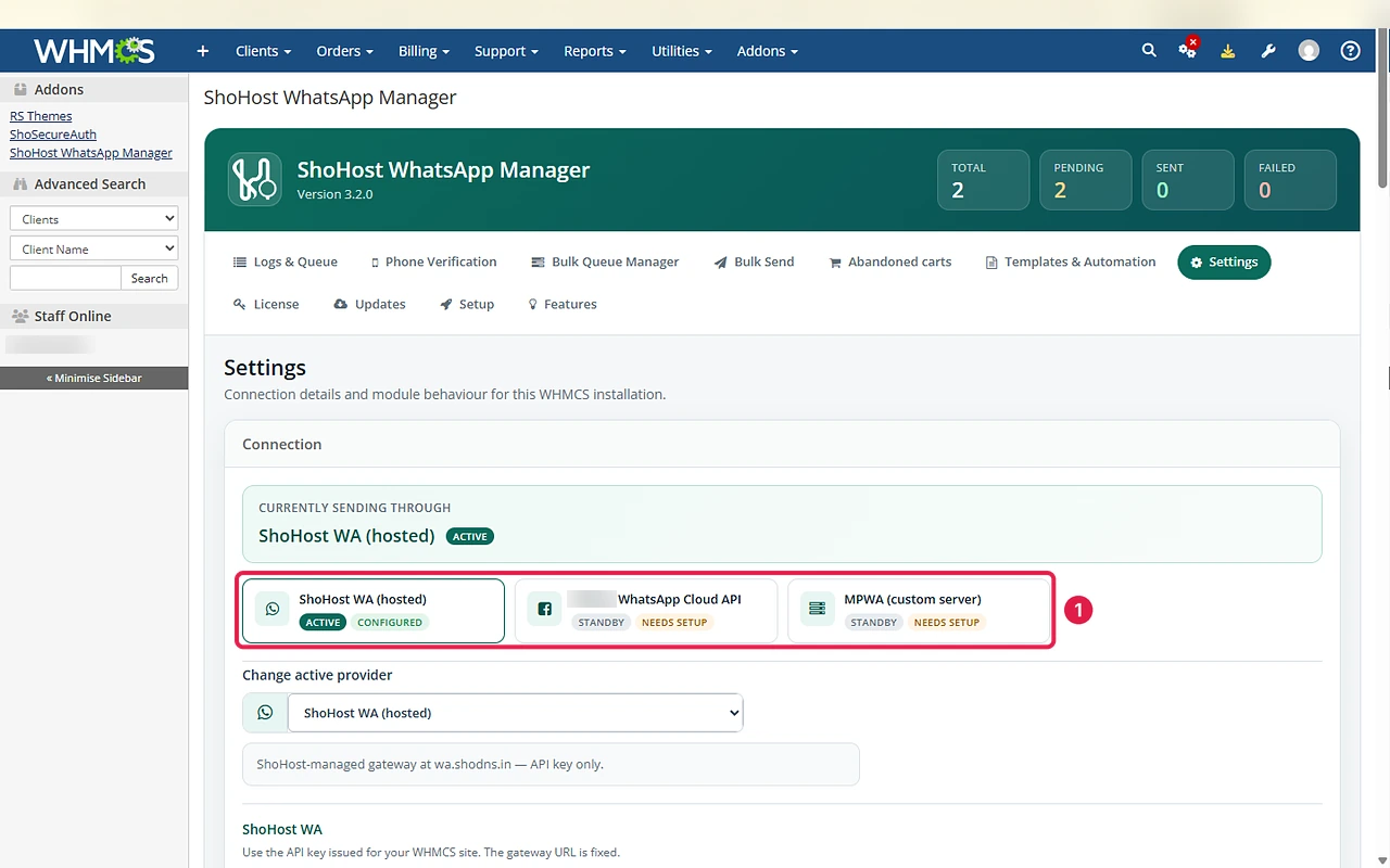 WhatsApp module settings with three provider cards: ShoHost WA hosted, WhatsApp Cloud API and MPWA custom server