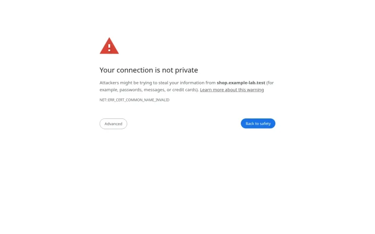 Chrome Your connection is not private page with NET::ERR_CERT_COMMON_NAME_INVALID for shop.example-lab.test