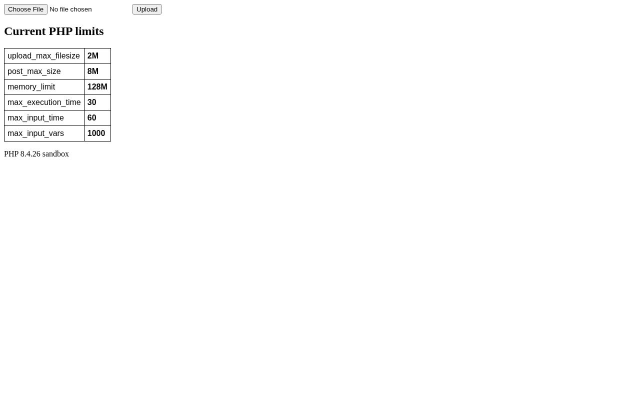 Sandbox page showing default PHP limits: upload_max_filesize 2M, post_max_size 8M, memory_limit 128M, max_execution_time 30