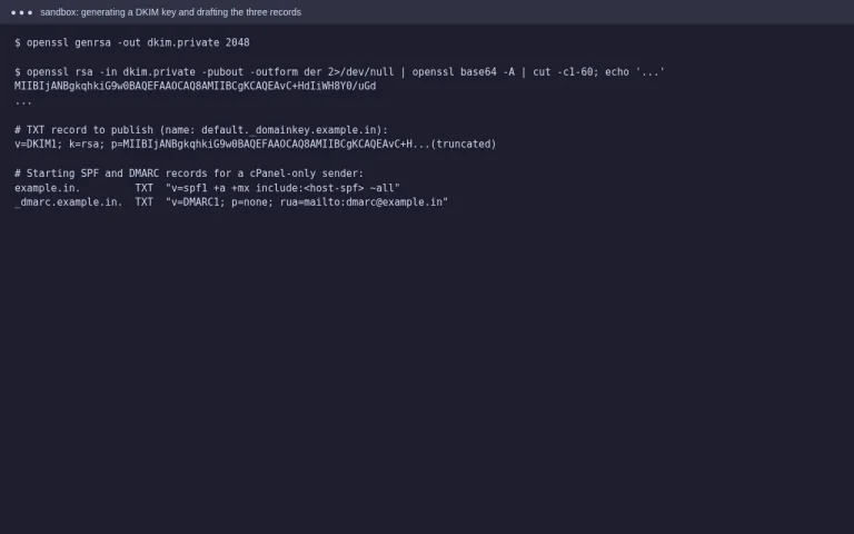 Terminal generating a 2048-bit DKIM key with openssl and drafting SPF, DKIM and DMARC TXT records for example.in