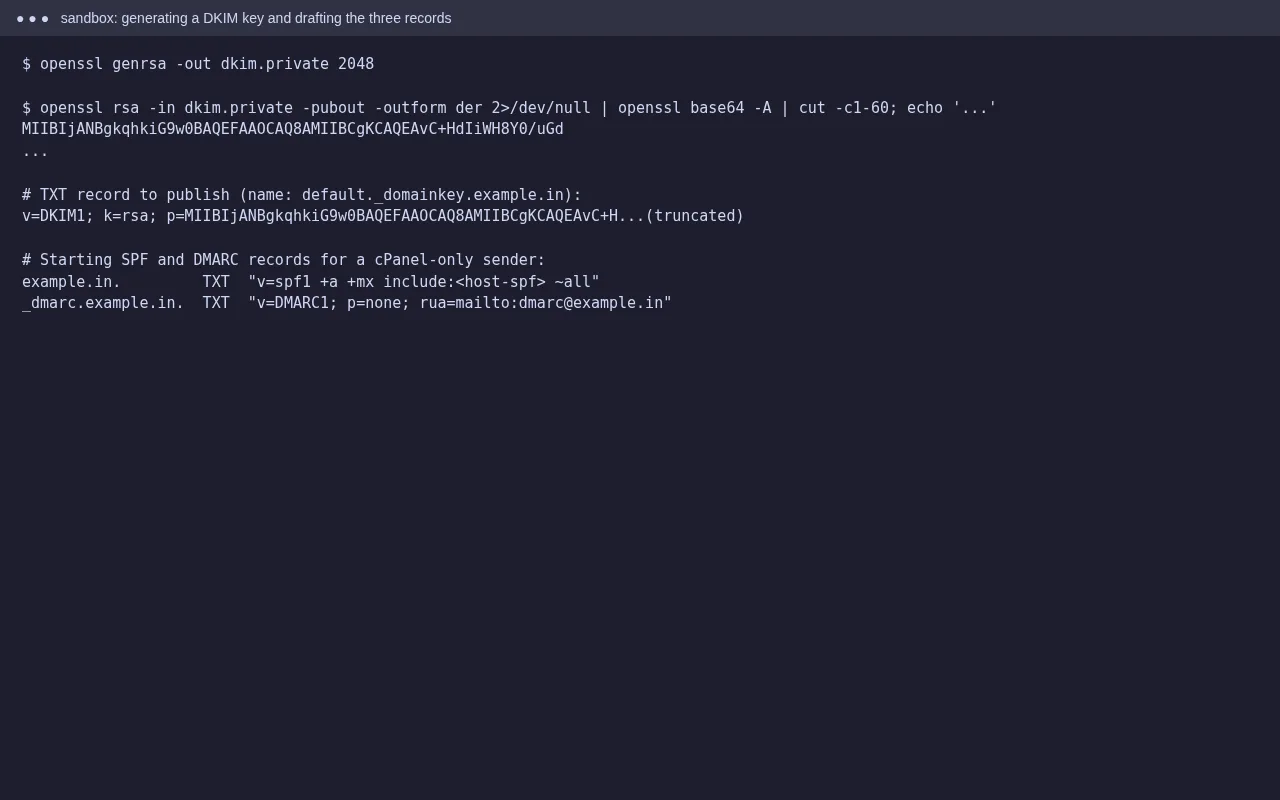 Terminal generating a 2048-bit DKIM key with openssl and drafting SPF, DKIM and DMARC TXT records for example.in