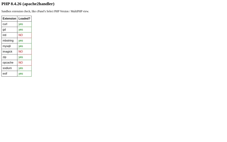 Sandbox page listing PHP 8.4 extensions, showing intl, imagick and opcache not loaded