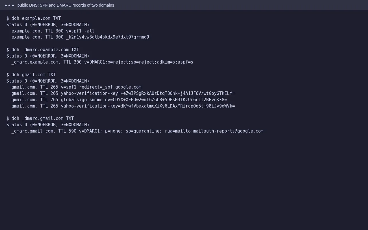 Public DNS lookups showing SPF and DMARC TXT records for example.com and gmail.com