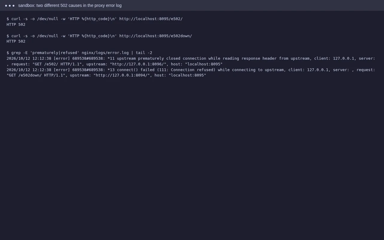 curl shows HTTP 502 twice; nginx error log shows 'upstream prematurely closed connection' and 'connect() failed (111: Connection refused)'