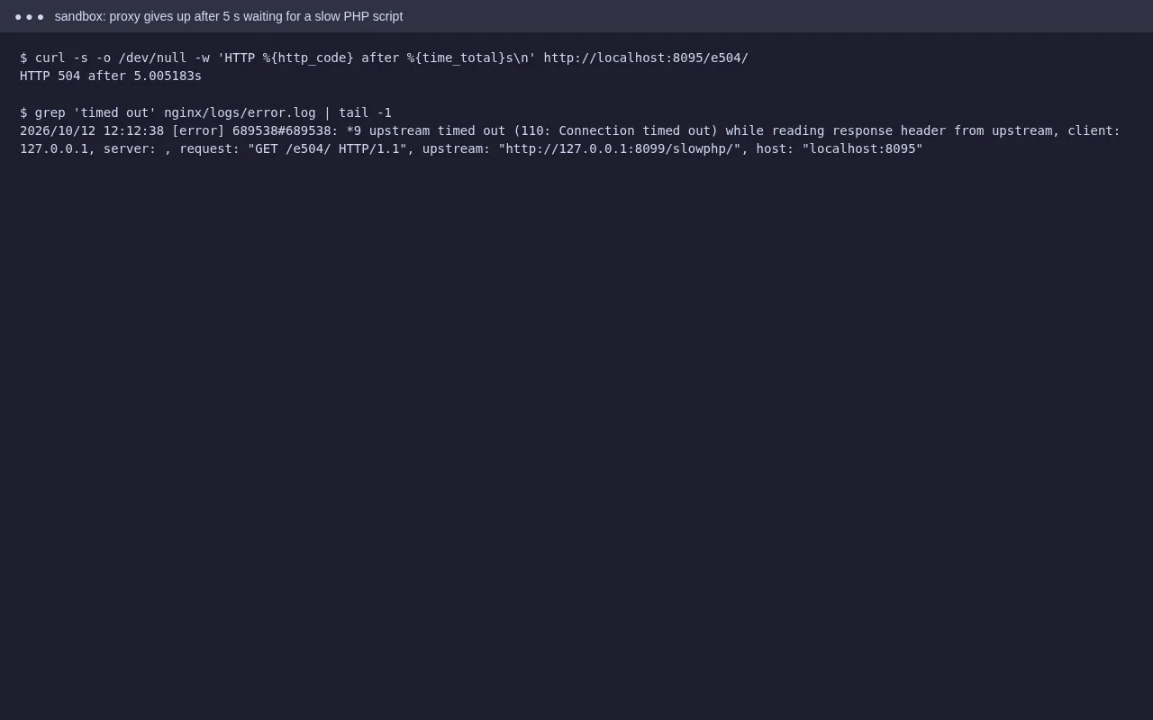 curl shows HTTP 504 after 5 seconds and the nginx error log says upstream timed out while reading response header