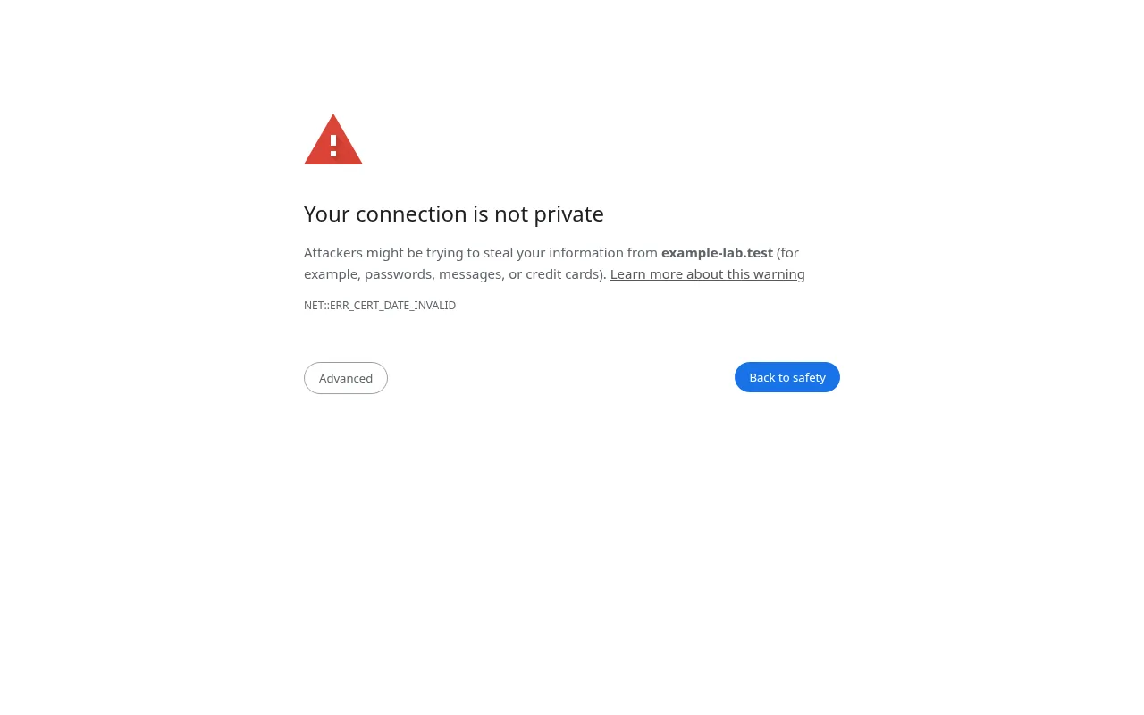 Chrome privacy error page with NET::ERR_CERT_DATE_INVALID for an expired certificate
