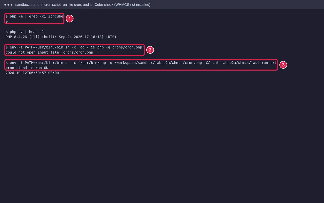Terminal: a relative cron path fails with Could not open input file, the full path works, and php -m shows no ionCube loader in this PHP CLI