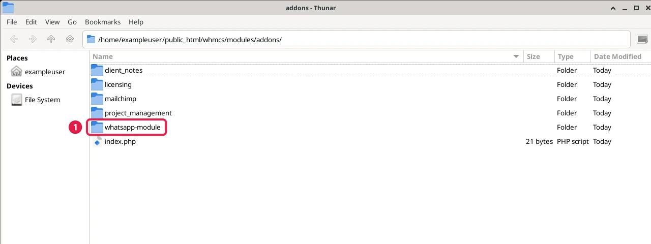 File manager showing the WhatsApp module folder in modules/addons
