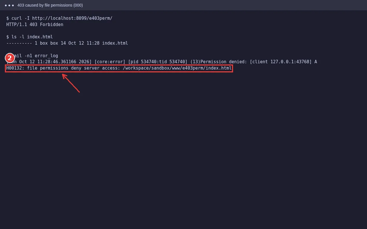 ls -l shows file permissions 000 and error_log shows AH00132 file permissions deny server access