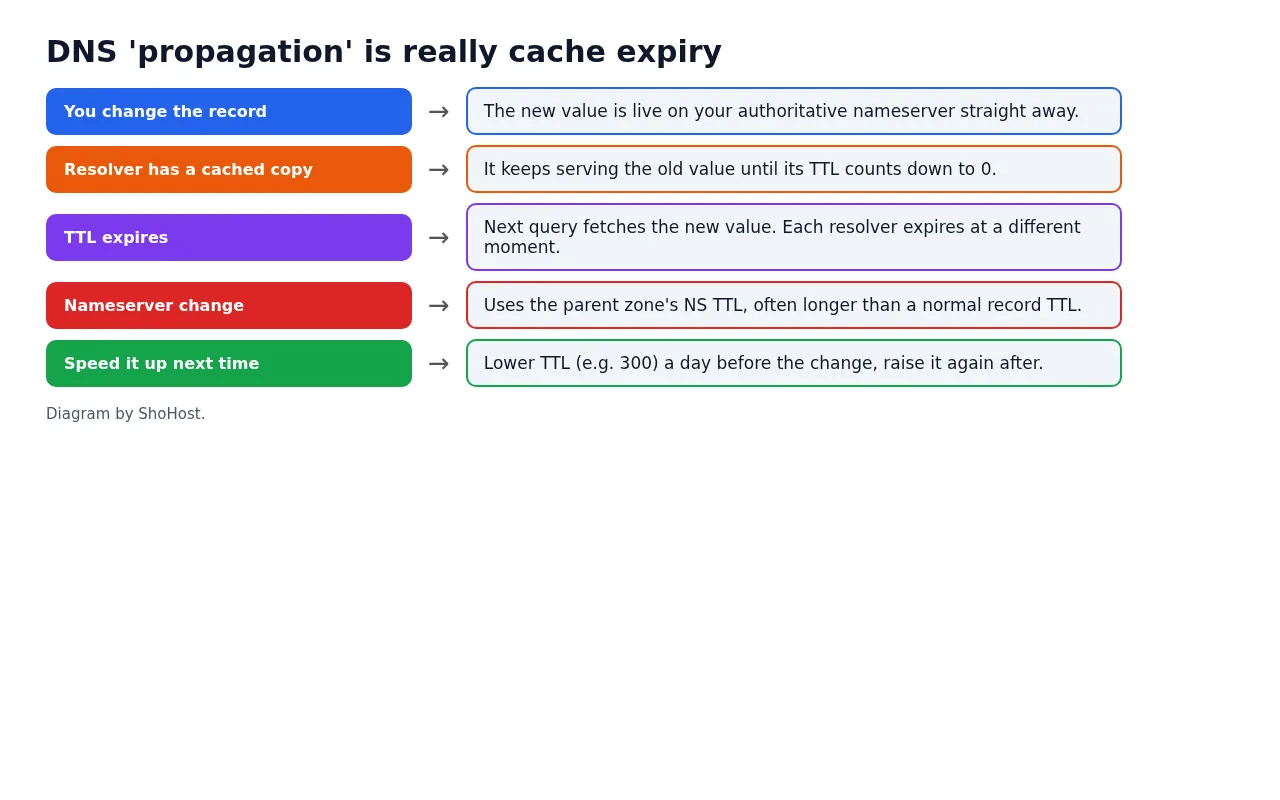 Diagram explaining DNS propagation as cache expiry based on TTL