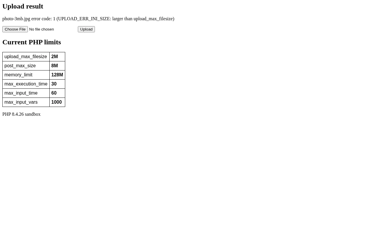 Upload result showing error code 1 UPLOAD_ERR_INI_SIZE for a 3 MB file