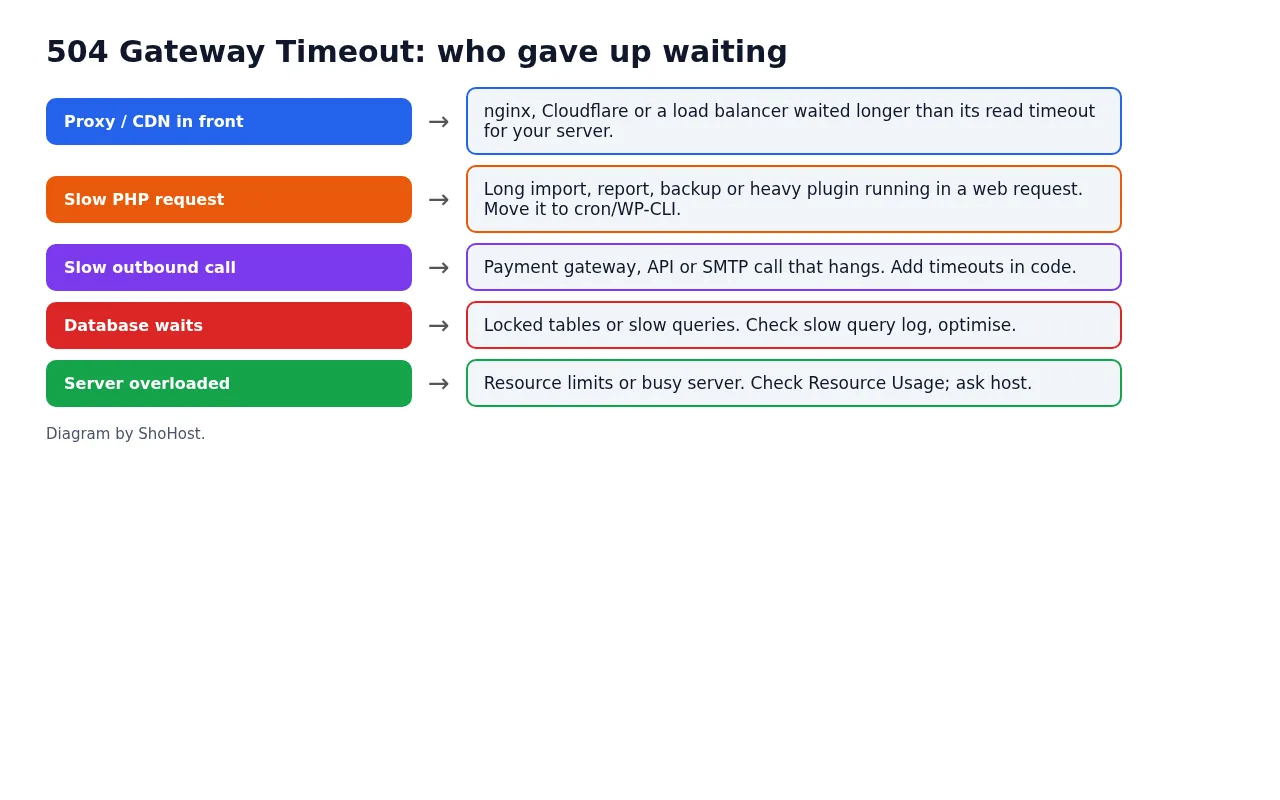 Diagram of the common causes of 504 Gateway Timeout on cPanel hosting