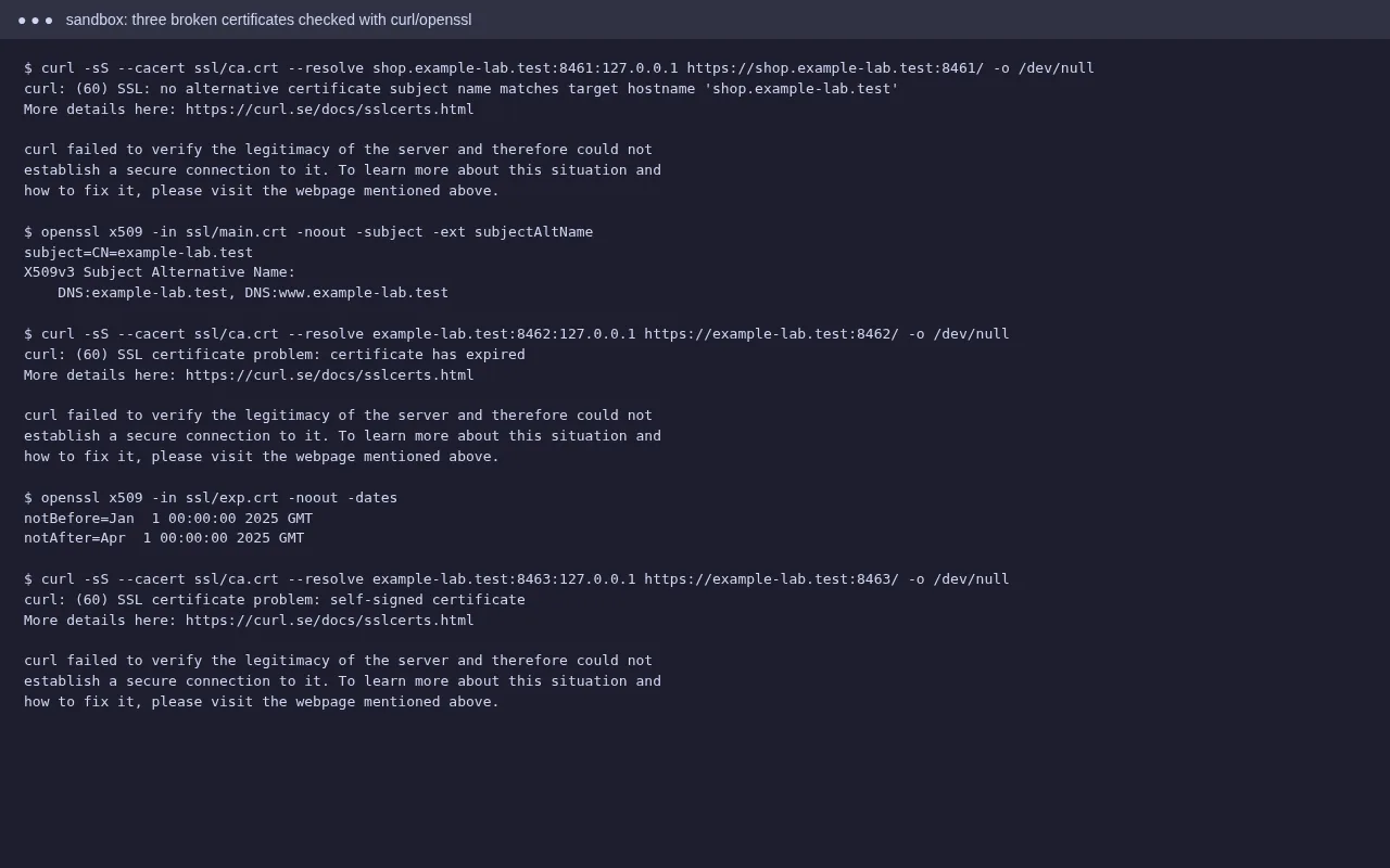 curl output showing hostname mismatch, certificate has expired and self-signed certificate errors