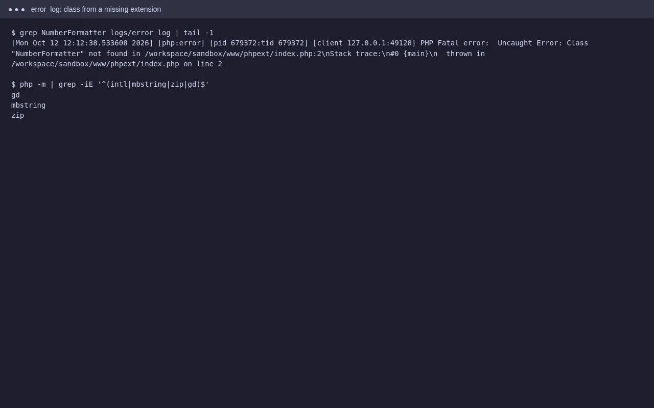 error_log line for Class NumberFormatter not found and php -m output without intl