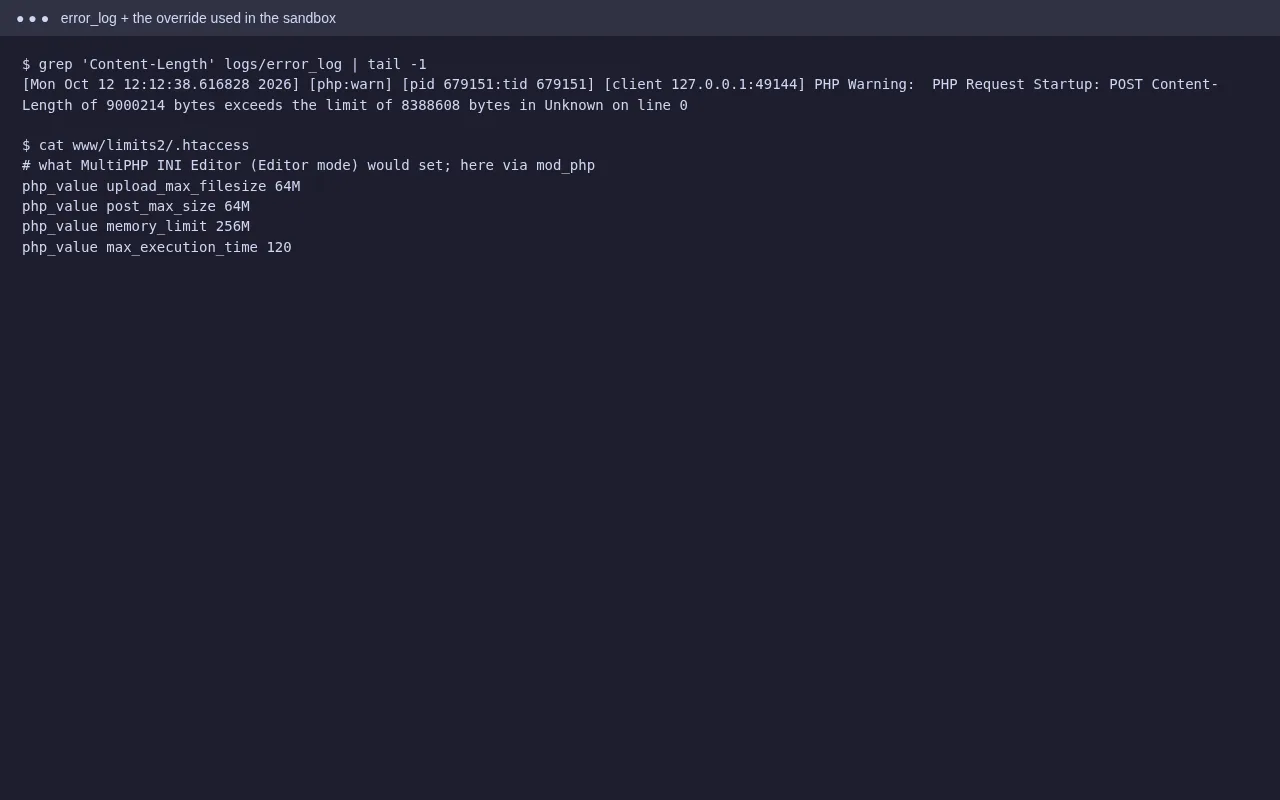 error_log warning that POST Content-Length exceeds the limit, and the .htaccess override with new values