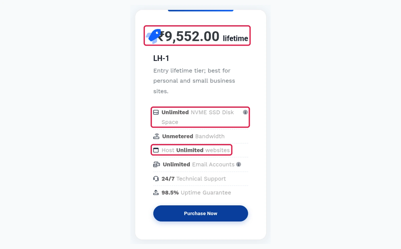 LH-1 lifetime shared plan card showing ₹9,552 one-time with unlimited NVMe disk space and unlimited websites boxed
