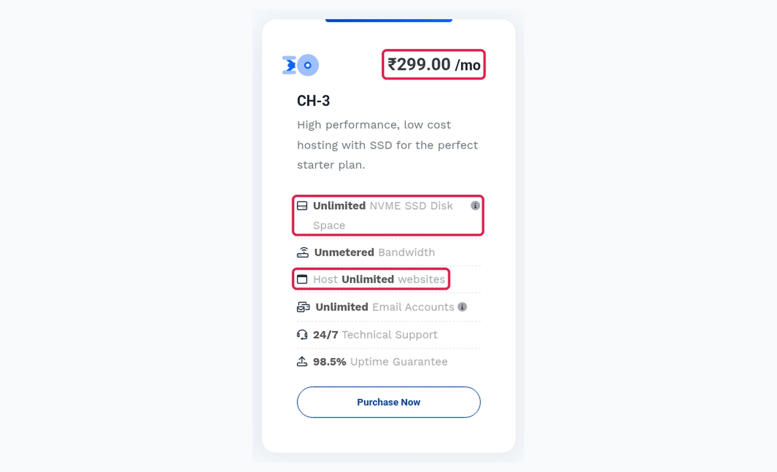 CH-3 monthly shared plan card showing ₹299 per month with the same unlimited NVMe and unlimited websites specs boxed