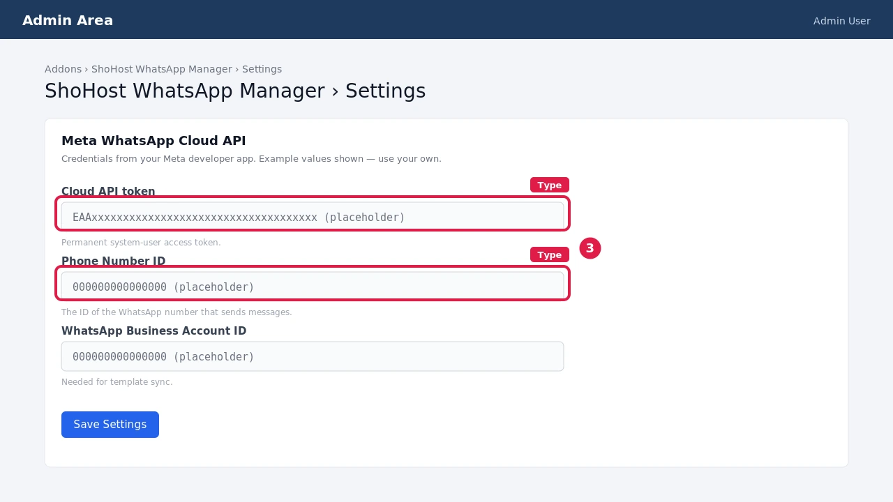 Simulated module settings for Meta WhatsApp Cloud API: Cloud API token, Phone Number ID and Business Account ID fields