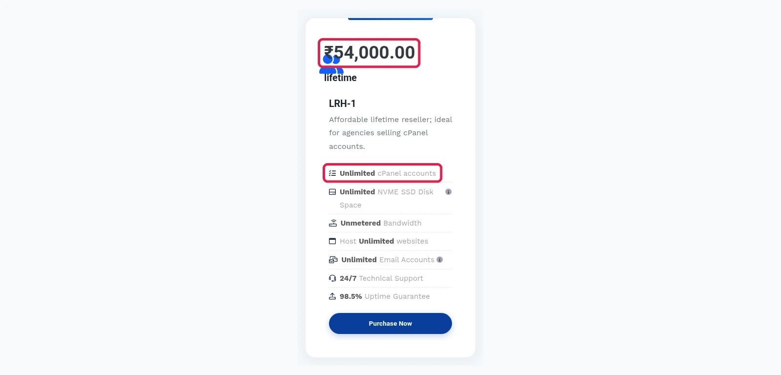 LRH-1 lifetime reseller plan card showing ₹54,000 one-time with unlimited cPanel accounts boxed
