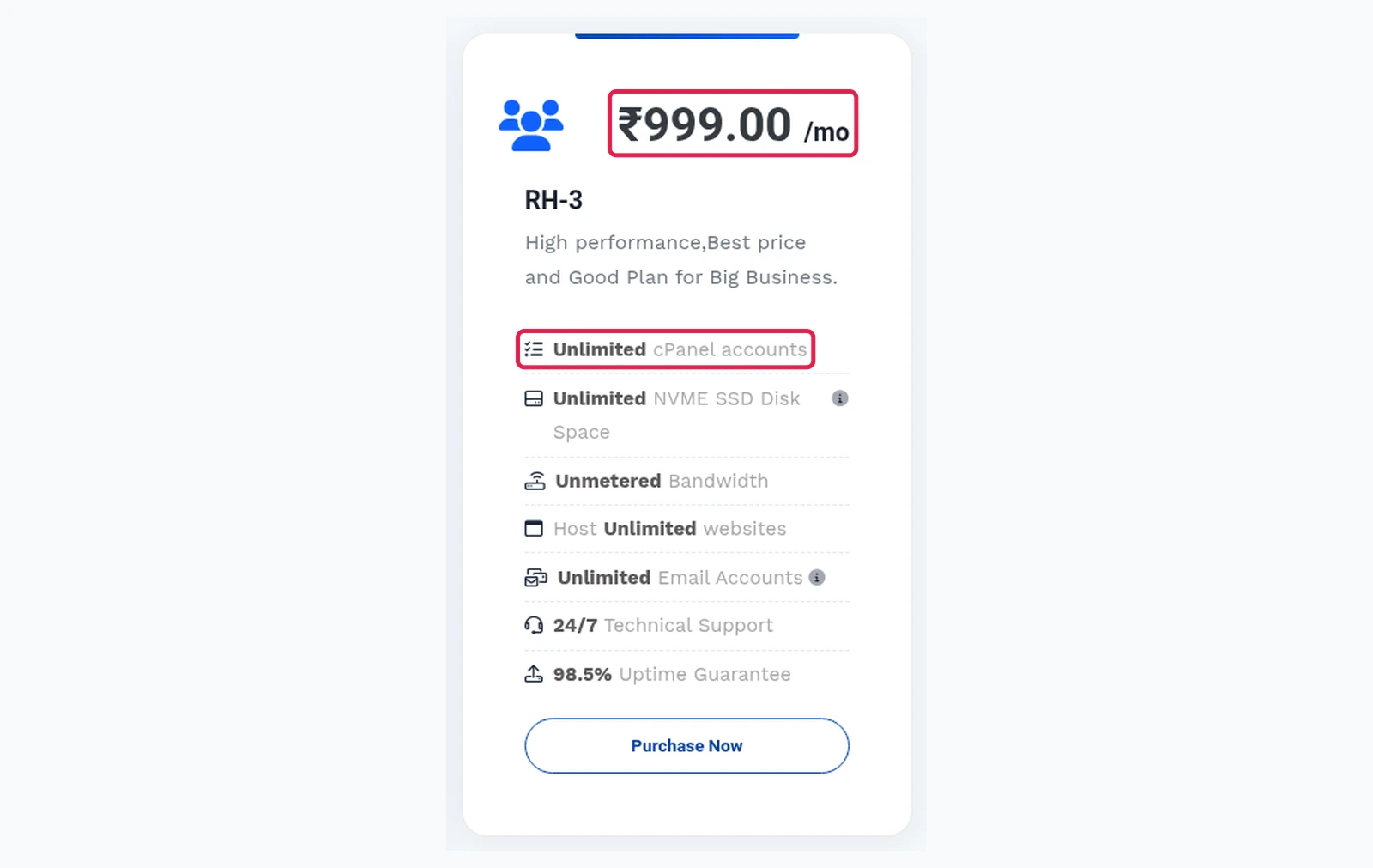 RH-3 monthly reseller plan card showing ₹999 per month with unlimited cPanel accounts boxed