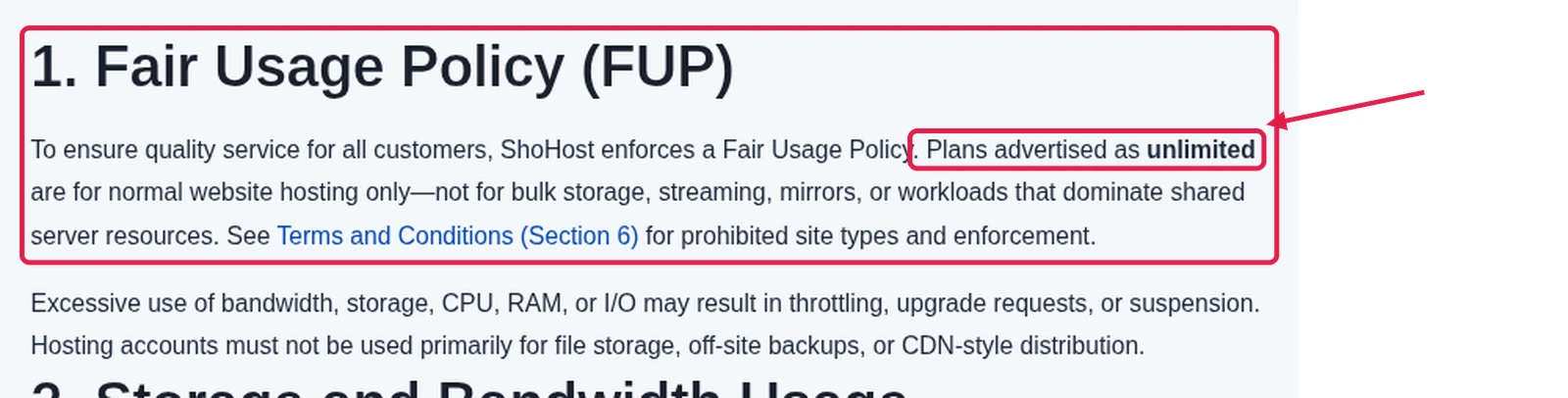 ShoHost system policies page showing the Fair Usage Policy heading and first paragraph about unlimited plans being for normal website hosting