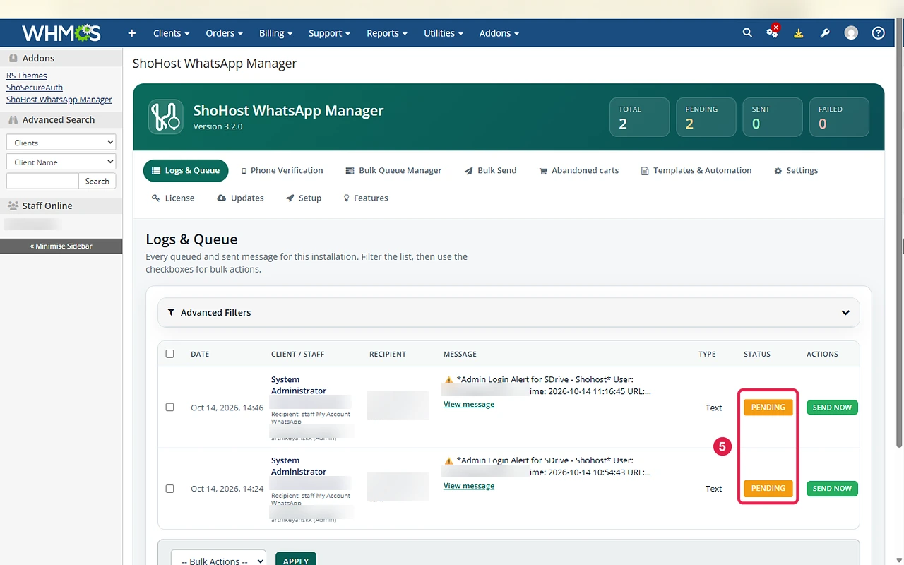 Logs and Queue tab listing queued WhatsApp messages with Pending status
