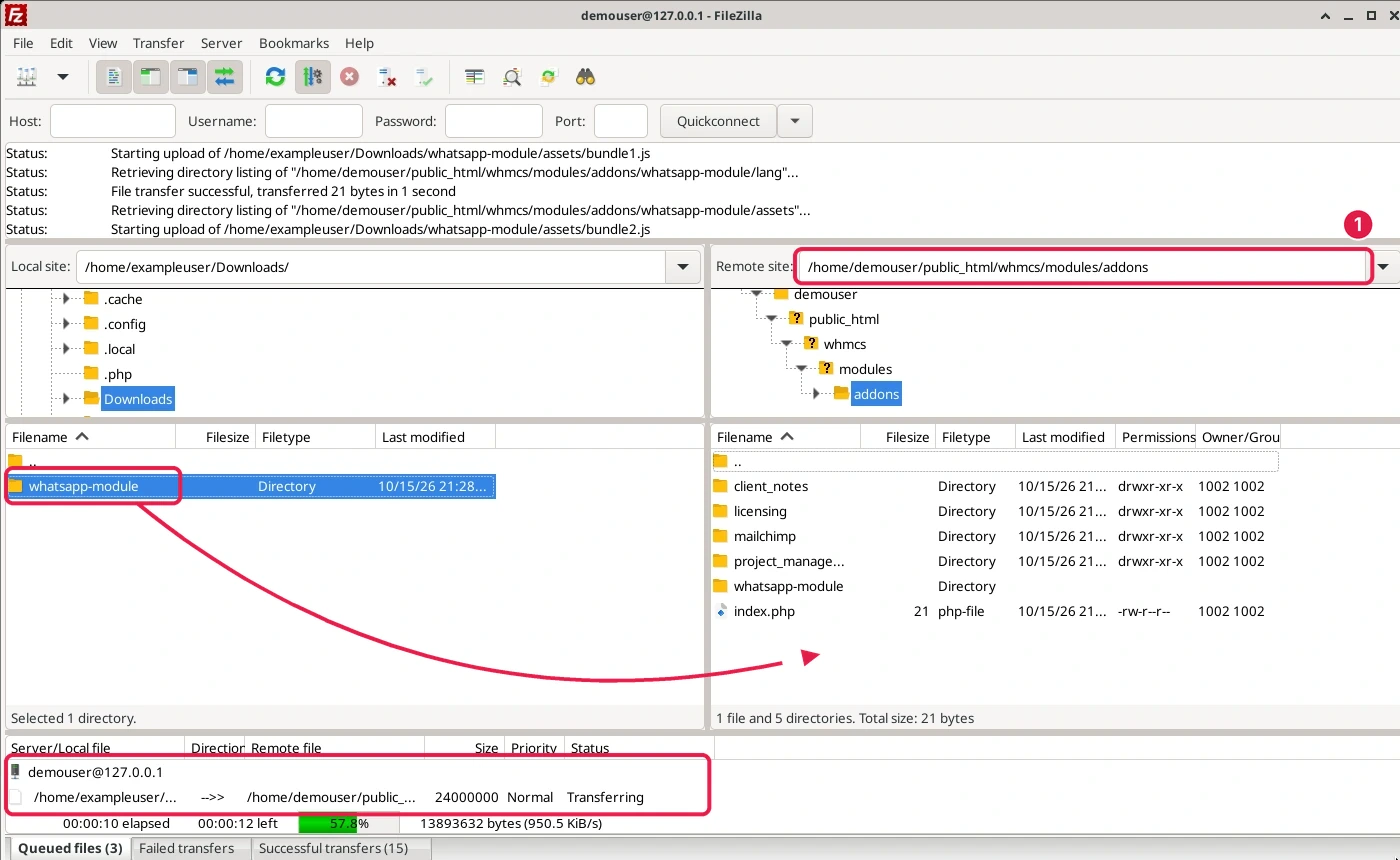 FileZilla uploading the module to modules/addons