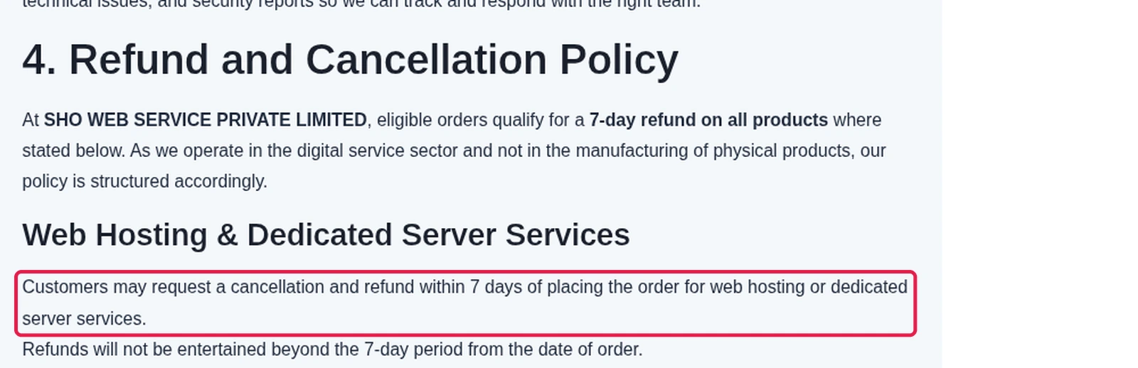 ShoHost refund and cancellation policy section with the first bullet about refunds within 7 days of placing the order boxed