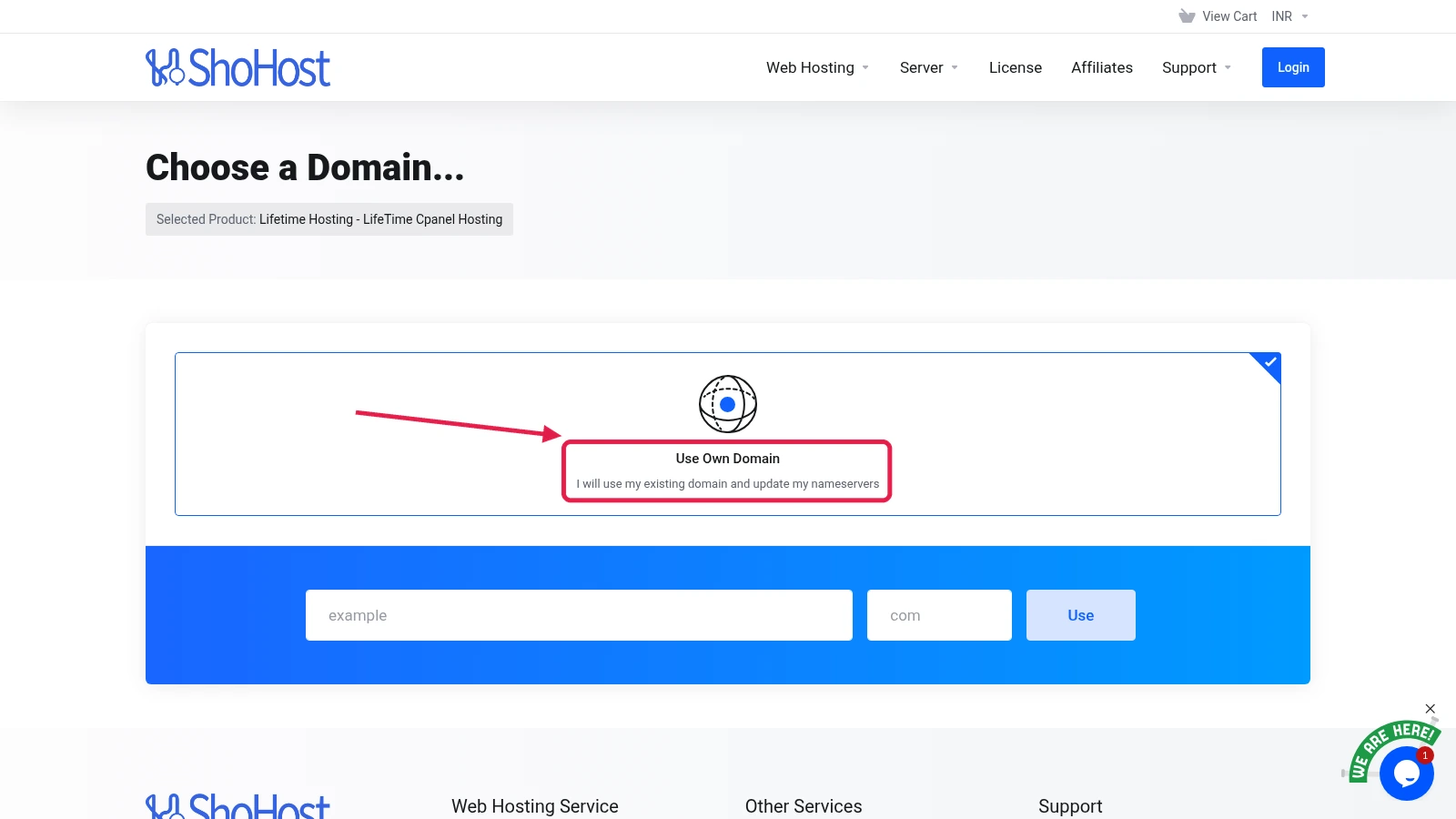 ShoHost order page domain step with the Use Own Domain option for using an existing domain and updating nameservers