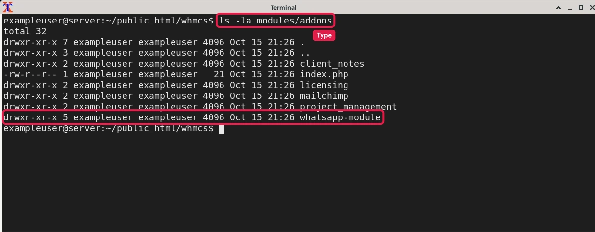 Terminal listing the module folder after upload over SSH