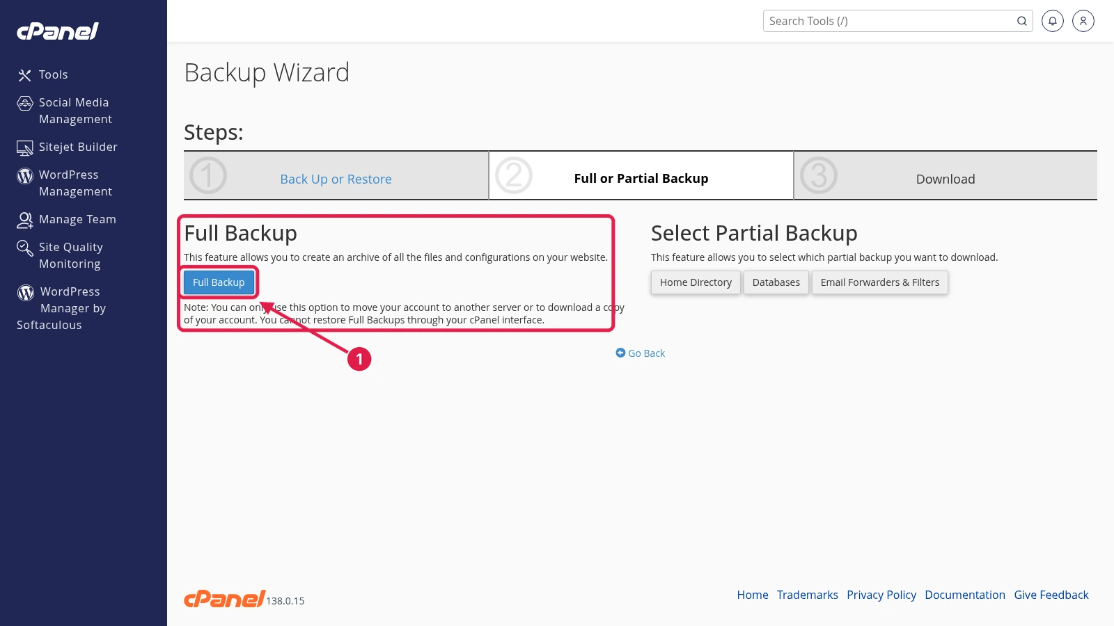 cPanel Backup Wizard Full Backup screen with Backup Destination set to Home Directory and the Generate Backup button