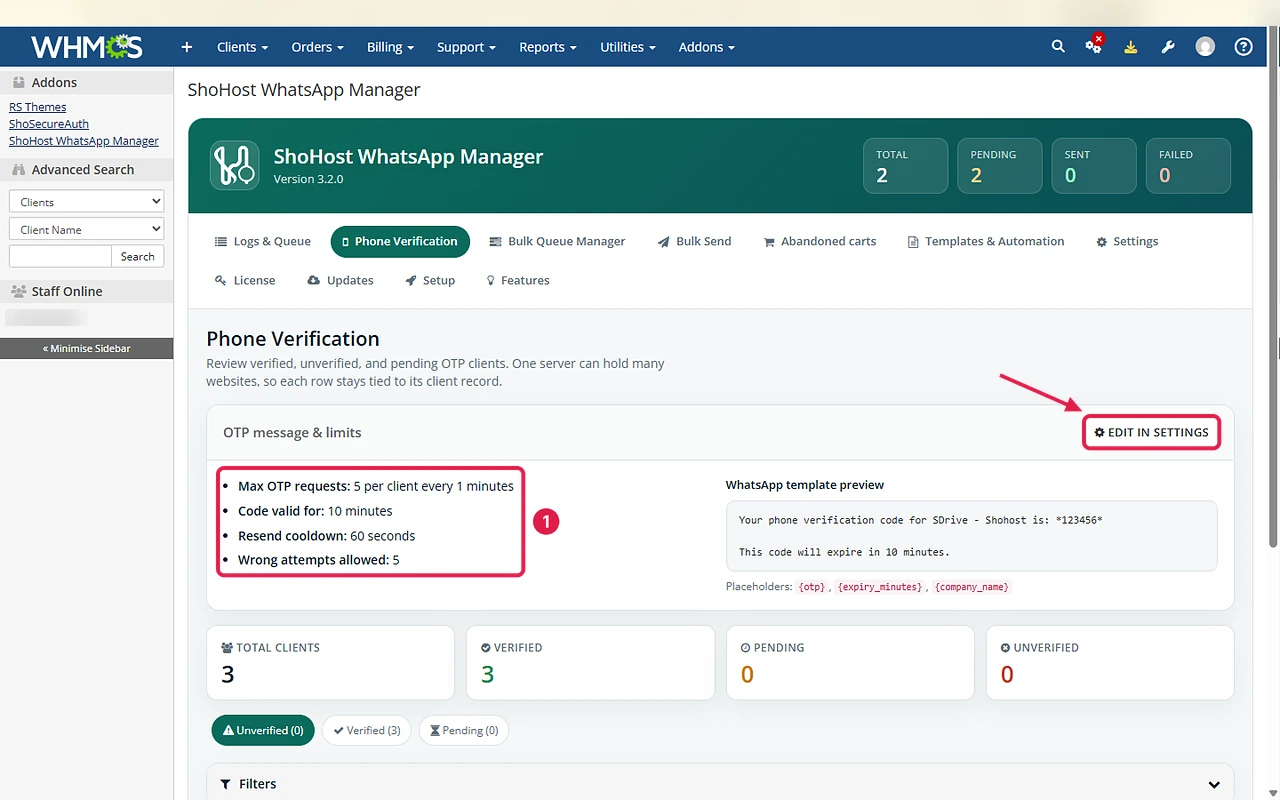 Phone Verification tab showing OTP limits, code validity, resend cooldown and the OTP template preview