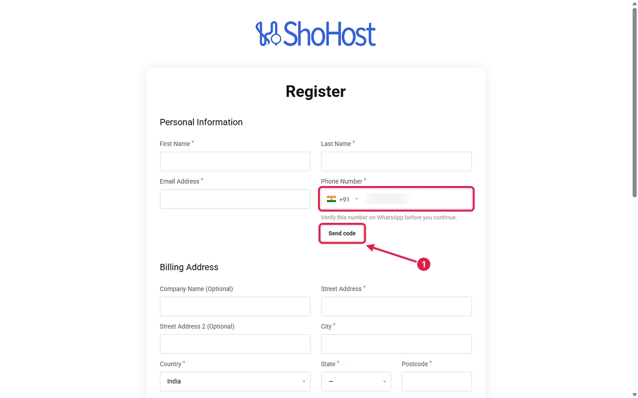 Client registration form with a phone number field and a WhatsApp Send code button
