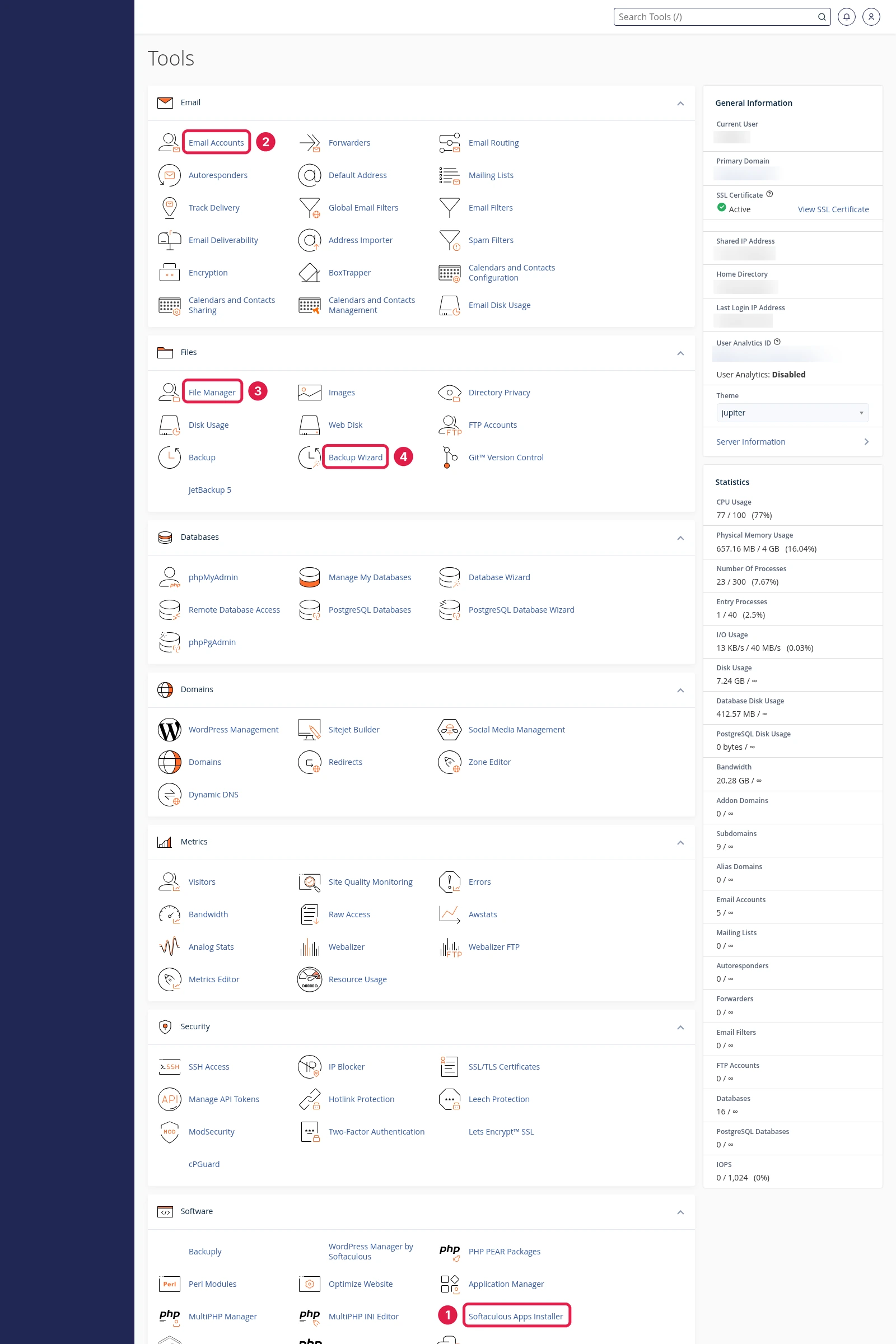 cPanel home page with numbered markers on Softaculous WordPress installer, Email Accounts, File Manager and Backup Wizard