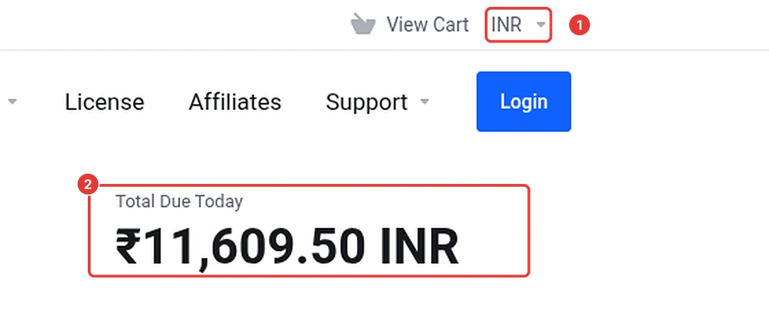 ShoHost cart currency selector set to INR and the Total Due Today box showing ₹11,609.50 for the LH-1 lifetime plan