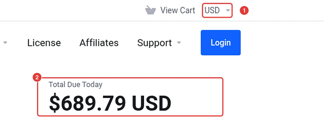 ShoHost cart currency selector switched to USD and the Total Due Today box showing $689.79 for the LRH-1 lifetime reseller plan