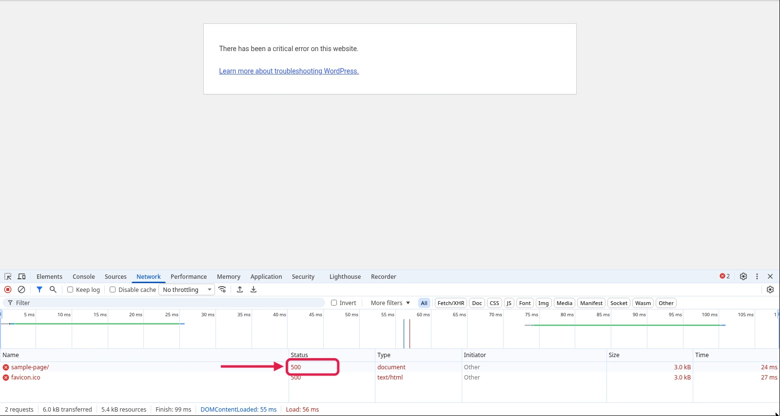 Browser developer tools Network tab below a WordPress critical error page, with status 500 boxed for the first request