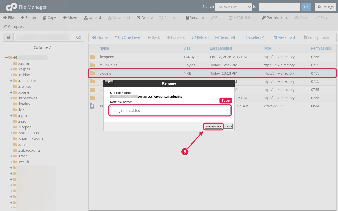 cPanel File Manager wp-content folder with the plugins folder being renamed to plugins-disabled