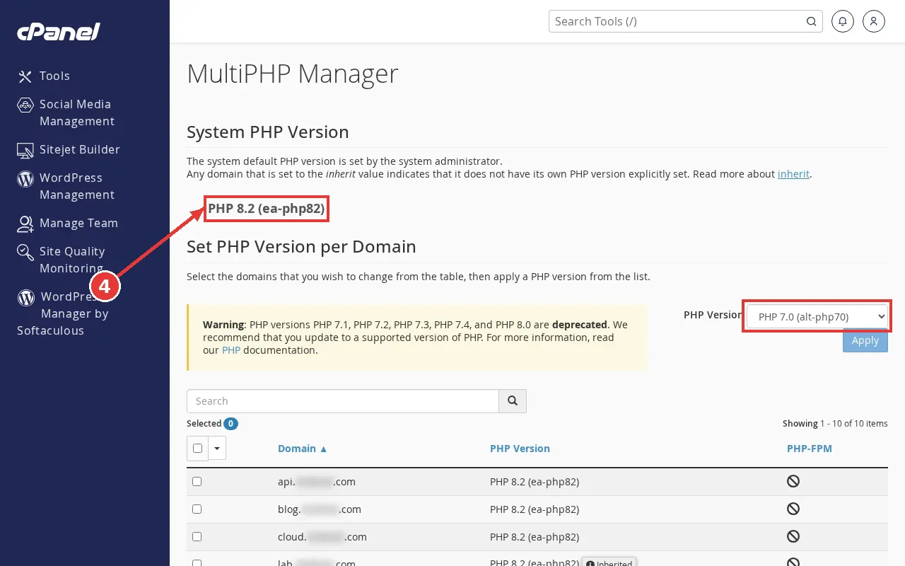cPanel MultiPHP Manager showing the system PHP version and an arrow to the PHP Version drop-down next to Apply