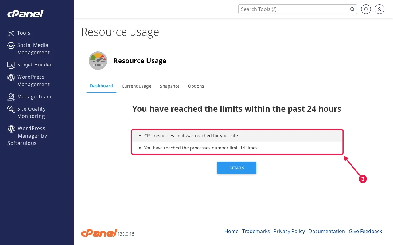 cPanel Resource Usage dashboard saying limits were reached in the past 24 hours, with the CPU and process number limit lines boxed