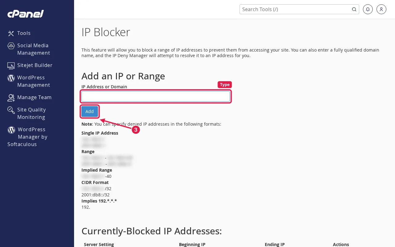 cPanel IP Blocker page with the IP Address or Domain field and the Add button