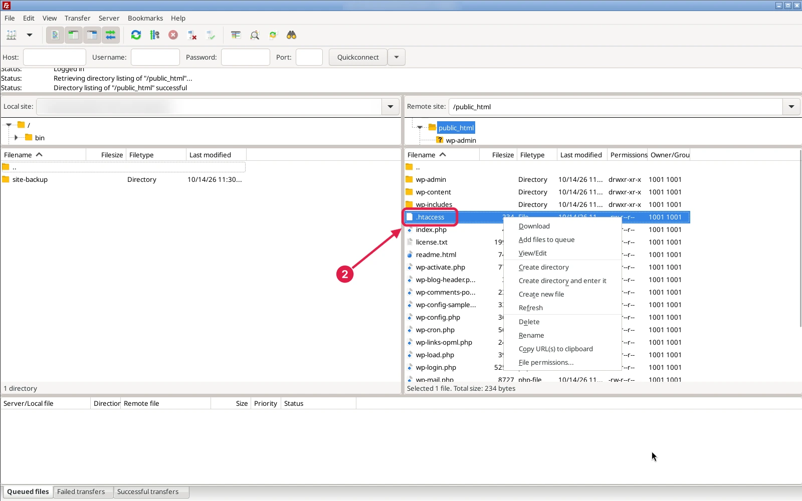 FileZilla remote public_html listing with .htaccess selected and the right-click menu open showing Rename