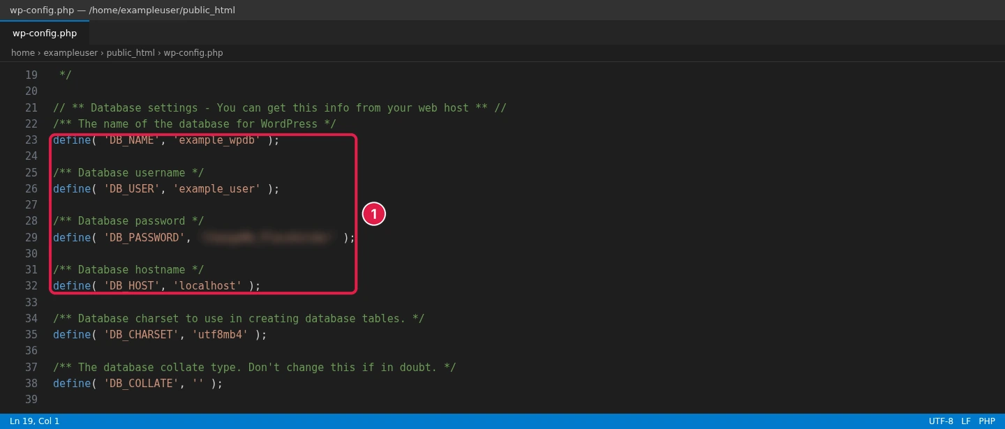 wp-config.php for /home/exampleuser/public_html open in a code editor at the Database settings section with the DB_NAME, DB_USER, DB_PASSWORD and DB_HOST lines boxed, example_ values and the password blurred