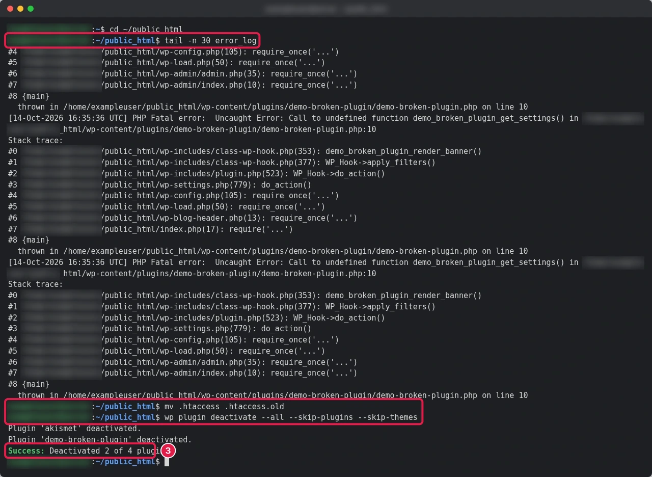 Terminal showing tail -n 30 error_log with PHP Fatal errors from demo-broken-plugin, then mv .htaccess .htaccess.old and wp plugin deactivate --all reporting Deactivated 2 of 4 plugins