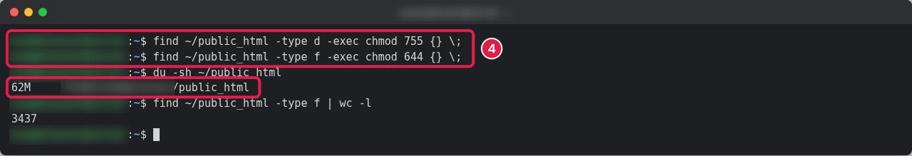 Terminal running find chmod 755 and 644 on public_html, du -sh showing 62M and a find | wc -l file count of 3437