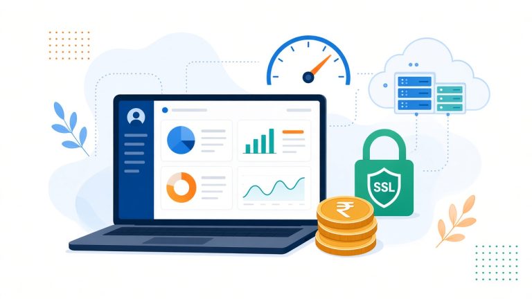 Laptop showing a website dashboard beside rupee coins, an SSL padlock and a speed gauge, illustrating cheap WordPress hosting in India