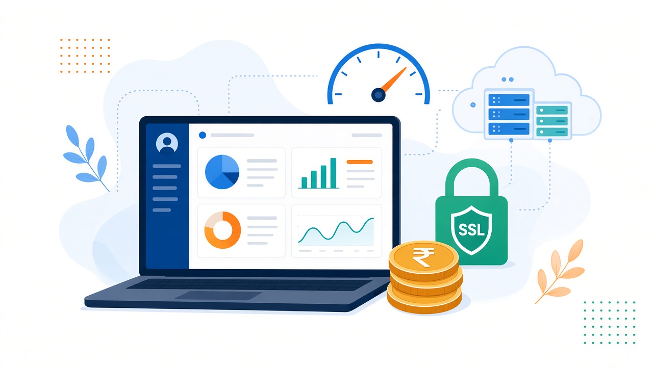 Laptop showing a website dashboard beside rupee coins, an SSL padlock and a speed gauge, illustrating cheap WordPress hosting in India