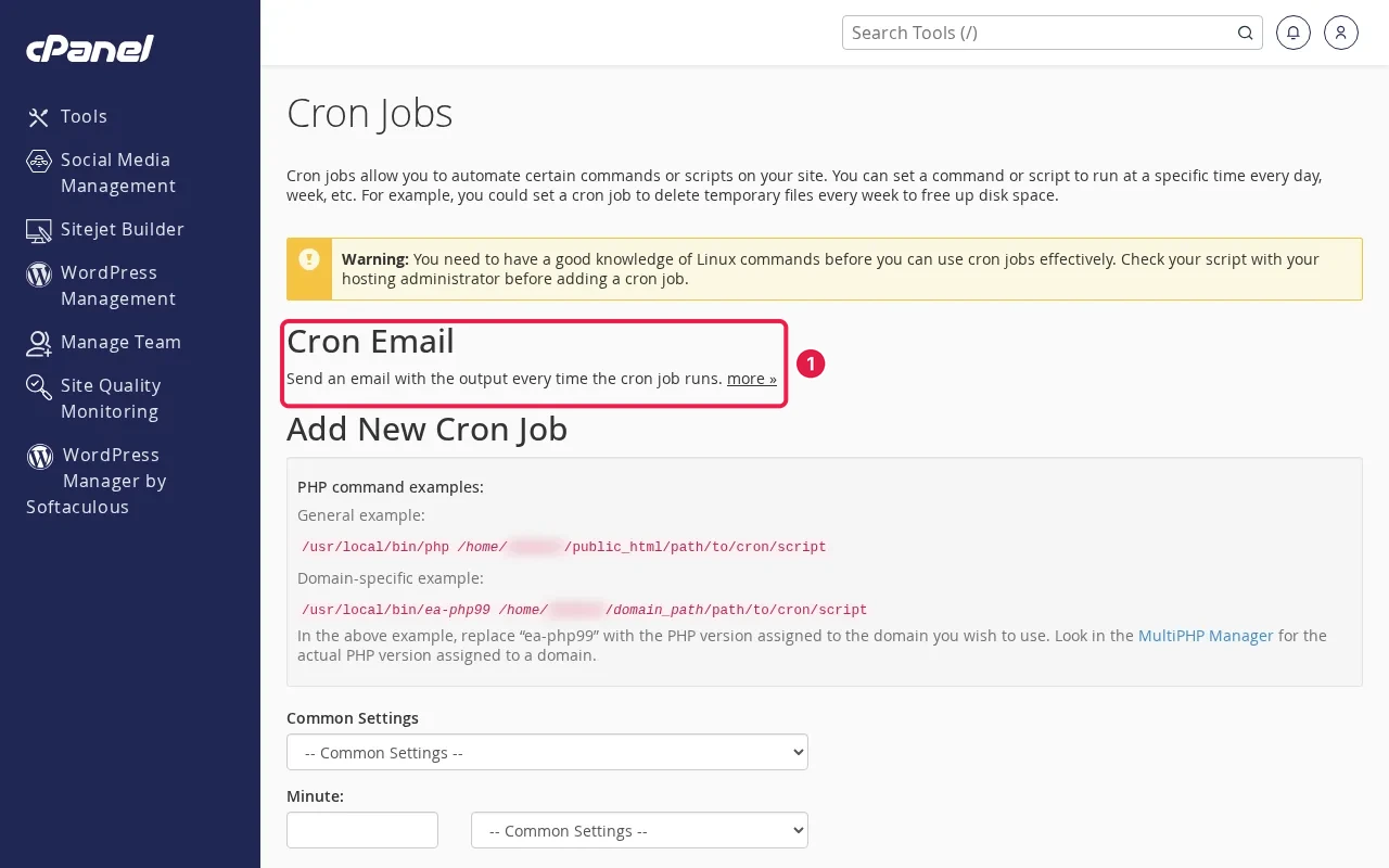 cPanel Cron Jobs page Cron Email section