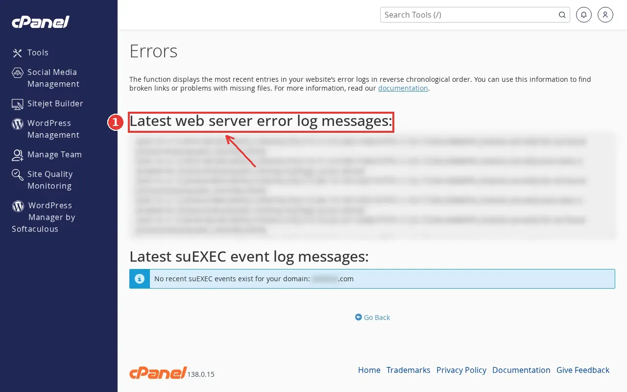 cPanel Metrics → Errors page showing the Latest web server error log messages section