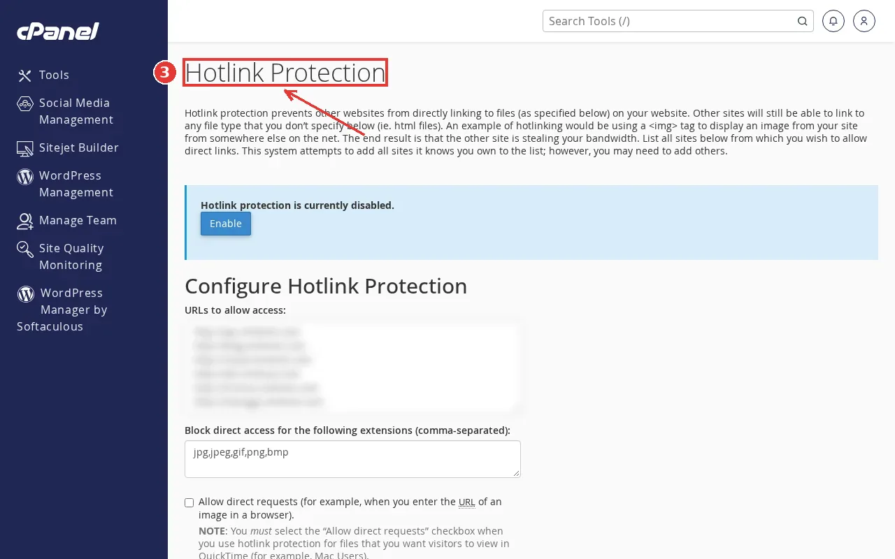 cPanel Hotlink Protection page, a feature that writes deny rules into .htaccess